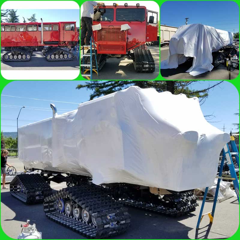 Tucker Sno-Cat Shrink Wrapped for Transport to Australia